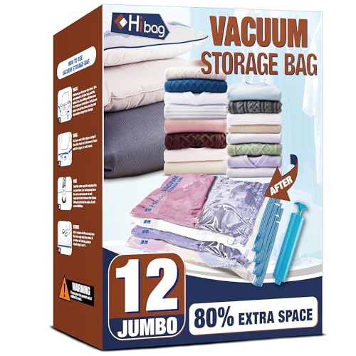 12 Jumbo Vacuum Storage Bags for Bedding, Vacuum Seal Bags for Clothing | Extra Large XL, Airtight Triple Seal, Save 80% Space, Hand Pump, Work with Vacuum, Double Zip, Reusable, Easy to Use