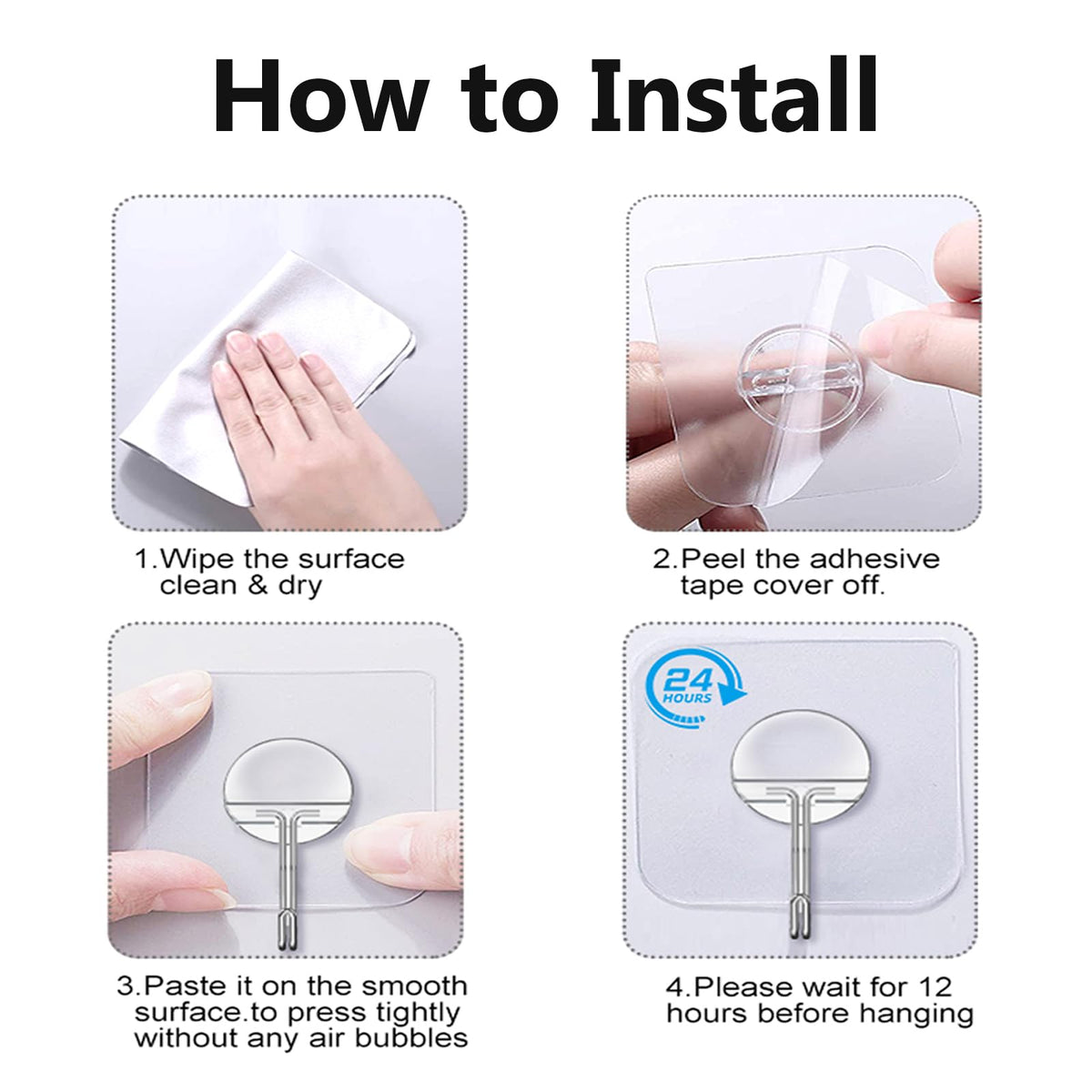 Adhesive Wall Hooks No Drill Clear Heavy Duty, 13LB Sticky 12 Pack | Waterproof Transparent Sticky Hooks for Hanging, 13lbs Max Load No Damage,Ideal for Towel,Coat,Bathroom,Kitchen,Home