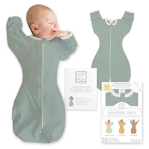 SwaddleDesigns Transitional Swaddle Sack, Cotton, Heathered Jadeite, 0-3mo | Arms Up Half-length Sleeve Partially Suppress Moro reflex, Most Gradual Transition Swaddle for Newborn, Safe for Rolling Baby
