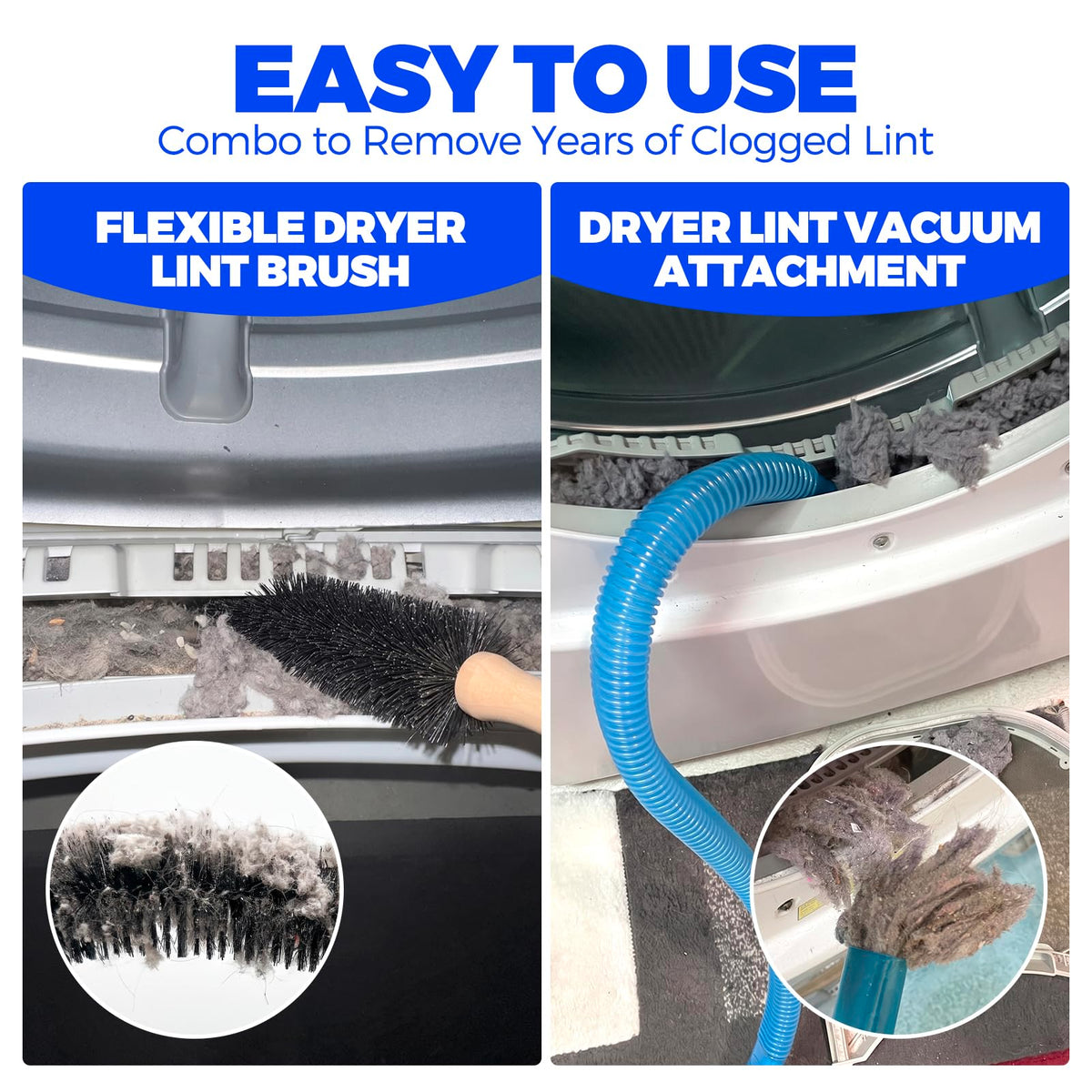 Holikme Dryer Vent Cleaner Kit 2Pack - Lint Vacuum Attachment & Brush | Blue Dryer Vent Vacuum Hose Attachment & Brush Reach Deep Traps - Remove Hidden Lint, Speed Drying & Reduce Fire Risk