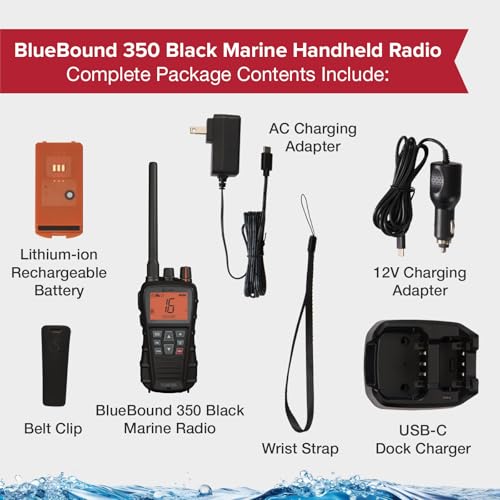 Cobra BlueBound 350 VHF Handheld Marine Radio, Black – 6-Watt, Floats | Long Range, NOAA Weather Alerts, International Functionality, IPX7 Waterproof, USB-C, Submersible, LCD Screen, Belt Clip