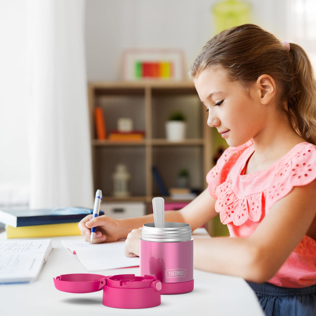 THERMOS FUNTAINER Kids Food Jar with Spoon, 10oz, Pink | Kid-Friendly Stainless Steel Insulated Food Container, Keeps Food Hot or Cold Longer for School & Play, BPA Free