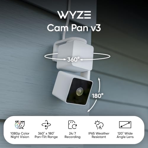 WYZE Cam Pan v3, Indoor/Outdoor Security Camera with 360° Pan/Tilt/Zoom | Vibrant Color Night Vision, IP65-rated, Pan Scan Auto Patrol, 2-way Audio and Privacy Mode, No subscription required.