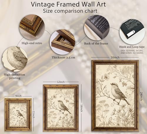 Vintage Gold Framed Bird Canvas Wall Art Retro Farmhouse Sparrow Painting Picture Wall Decor Rustic Floral Botanical Poster Print Artwork for Living Room Bedroom Home Decoration