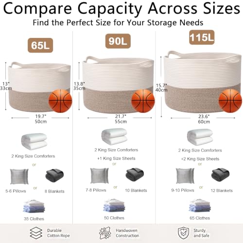 HZFTJOY Large Woven Blanket Basket,65L Cotton Rope Laundry Basket | Collapsible Nursery Storage Bin with Sturdy Handles for Clothes, Toys, Pillows, Living Room Bedroom Bathroom - White & Brown