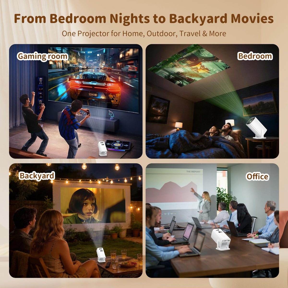 Mini Projector with 4K Support, Portable Short Throw Proyector | Electric Focus&Keystone, 270° Rotatable Stand, Compatible with TV Stick, Phone & Laptop, Holiday Gift Idea