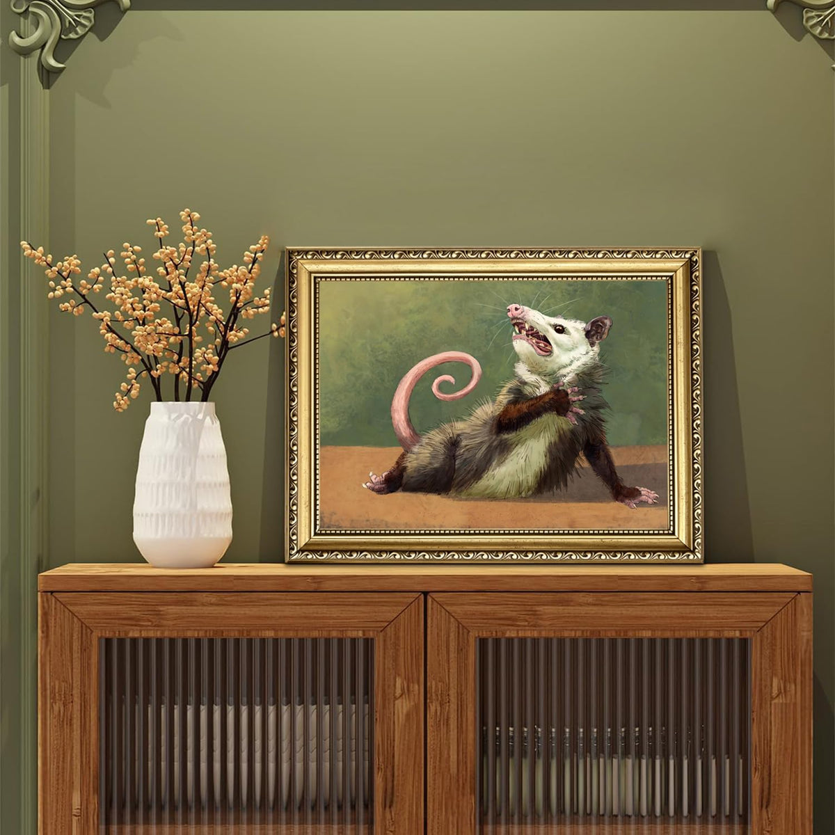 Gold Framed Funny Opossum Wall Art, Whimsical Possum Wall Decor Painting Cute Animal Poster Canvas Prints Picture for Bedroom Living Room 8x10 inch