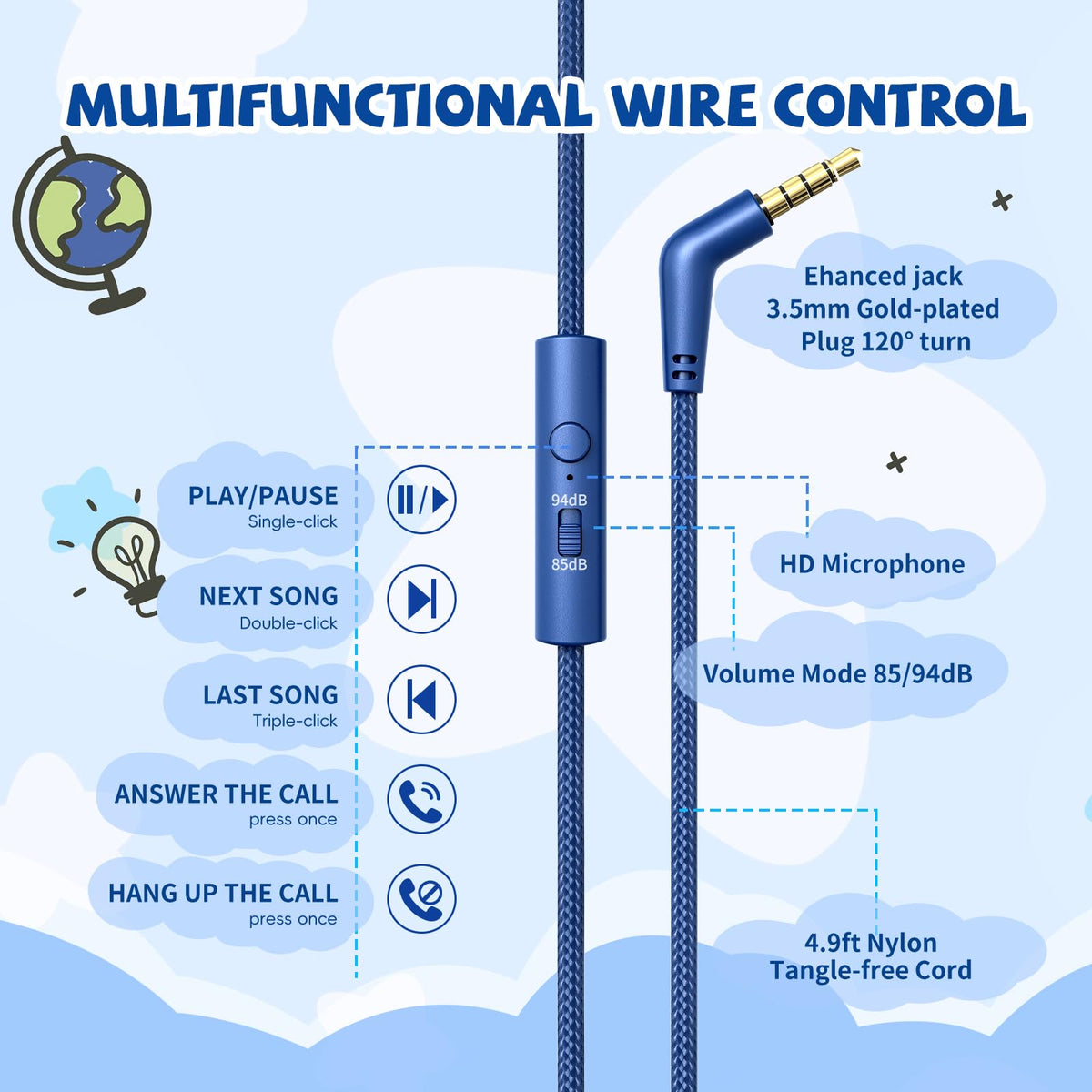 Kids Headphones Wired for School, 3.5mm Safe Volume Limited with Mic, Navy | Plug in Kid headphones with Cord, Over Ear Foldable, 85/94dB for Toddler Boy Girl Classroom Chromebook Tablet Airplane Travel