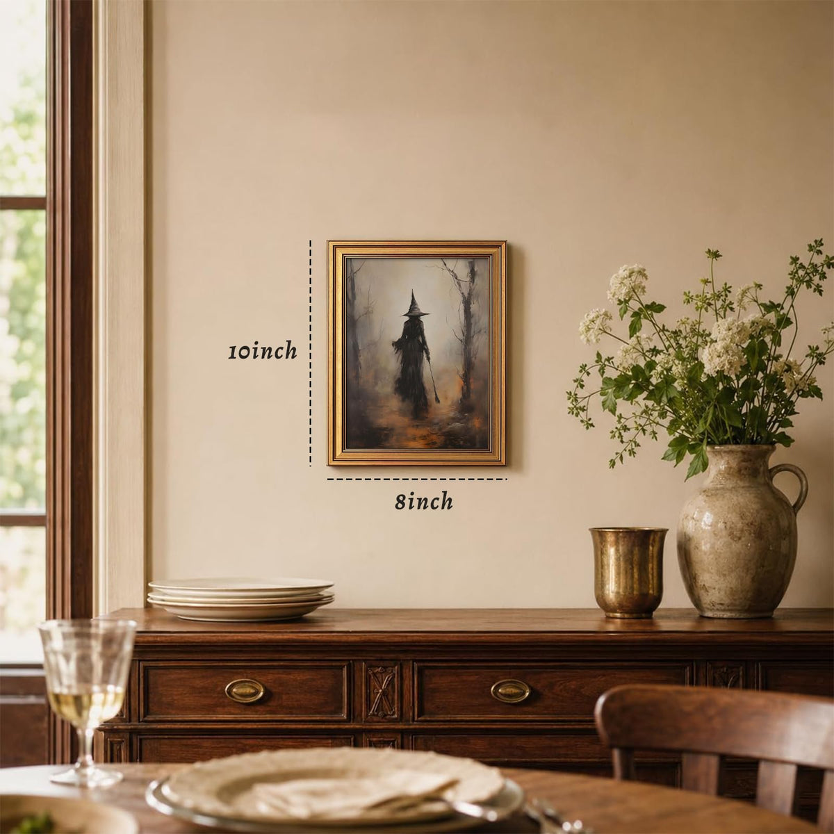 Gold Framed Halloween Wall Art, Vintage Witch Pictures Wall Decor | Spooky Forest Canvas Prints, Gothic Dark Academia Paintings Artwork for Halloween Living Room Bedroom 8x10 Inch