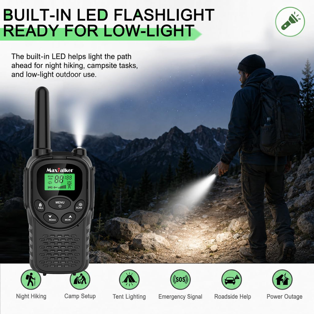 Walkie Talkies Long Range for Adults, Rechargeable FRS Two-Way Radio, 2Pack | NOAA weather alert. 1200mAh Li‑ion battery supports USB‑C charging. LED flashlight and VOX hands‑free function for Outdoors.