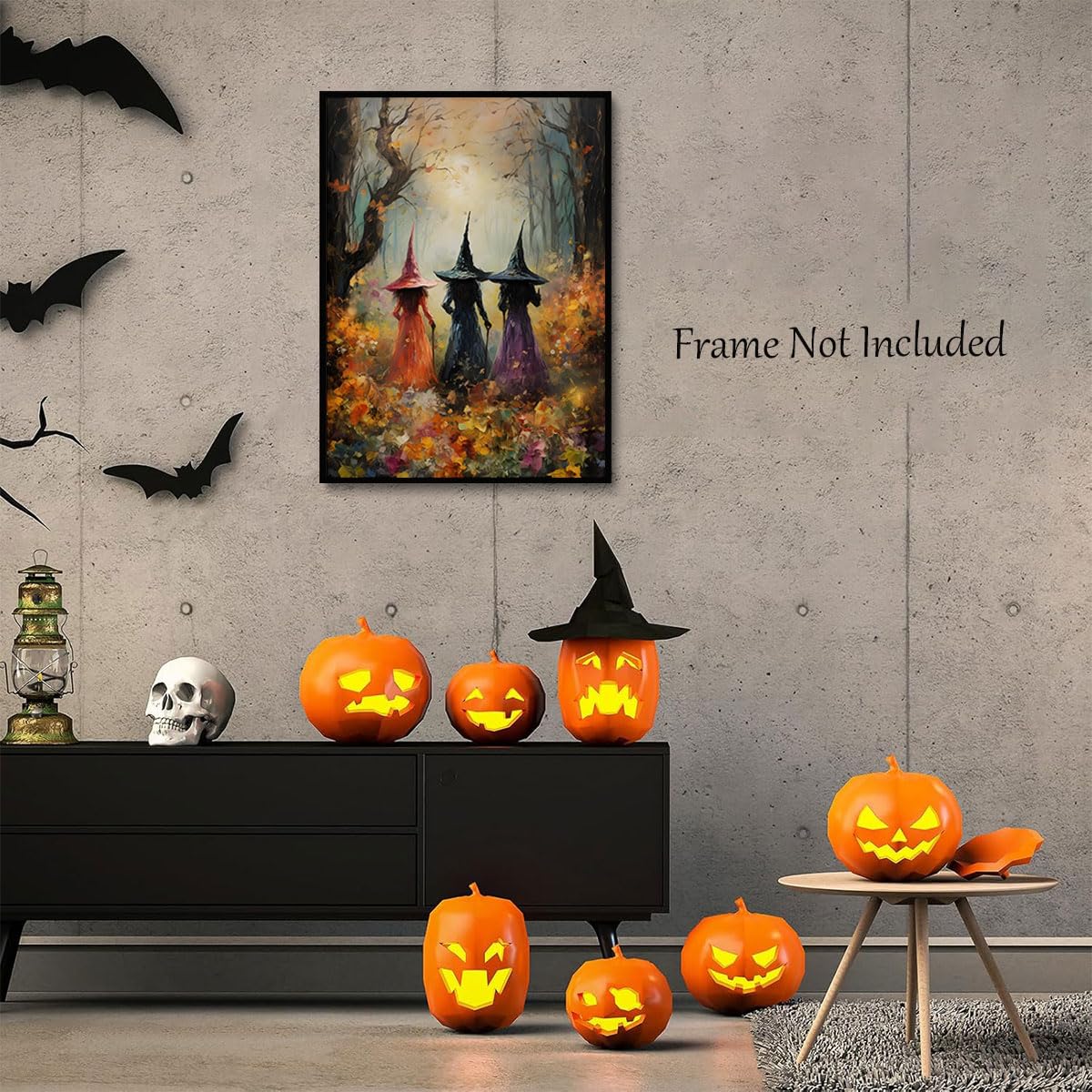 ILLBDR Halloween Three Witches Canvas Wall Art Poster 12x16 inch | Dark Academia Halloween Decor, Three Witch Silhouette Print, Gothic Artwork Fall Gift for Bedroom or Bathroom