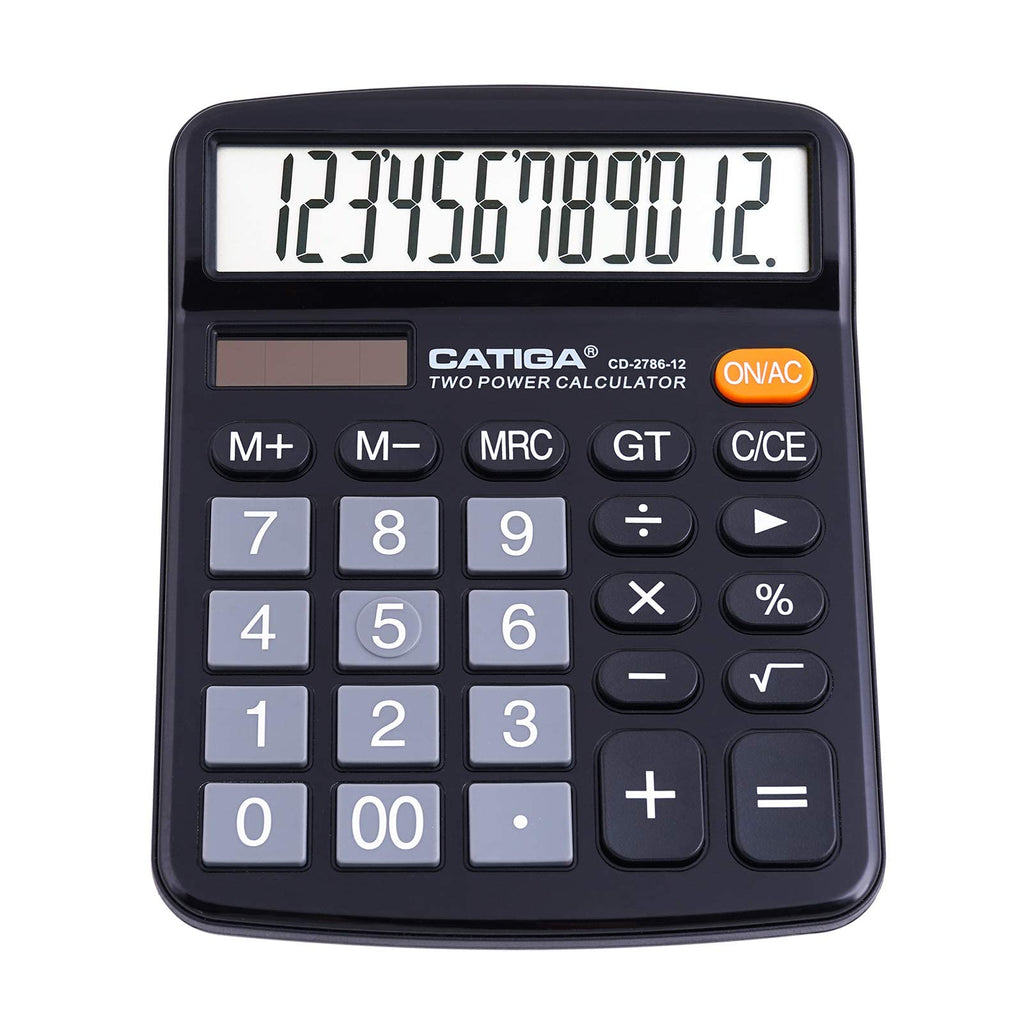 CATIGA 12 Digit Desk Calculator, Desktop Calculators with Large LCD Display & Big Buttons, Basic Simple 4 Function Solar Calculator, Dual Power Solar & Battery for School, Office & Home (CD-2786)