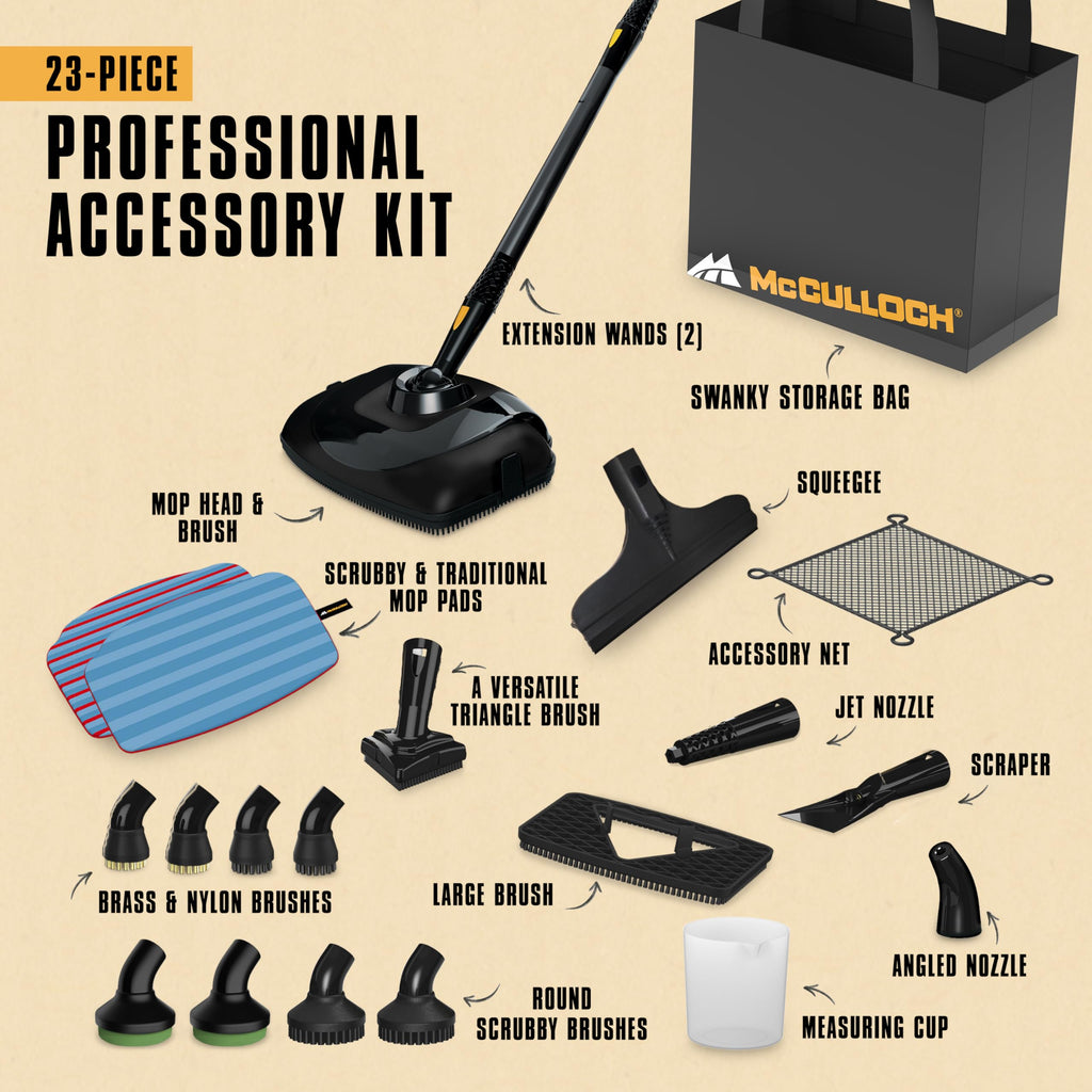 McCulloch MC1385 Canister Steam Cleaner, For Grout and Tile, 23 Accessories | Mop Head, Brushes & More - Built for Home, Tile, Carpet, Furniture, & Personal Car Detailing