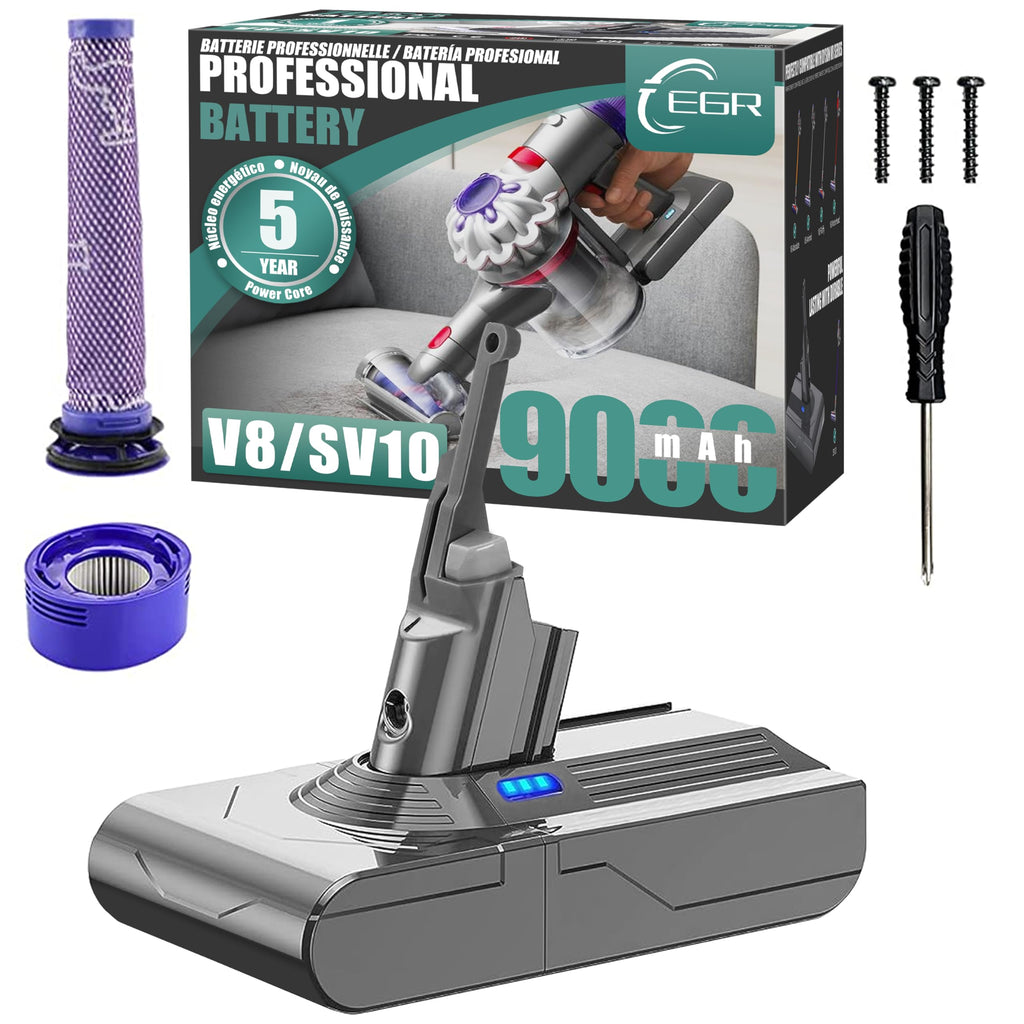 EGR 9000mAh Upgraded Battery Replacement Compatible with Dyson V8 Series | 21.6V Li-ion Battery for V8 Animal/Absolute/Motorhead/Fluffy/SV10 Carbon Fiber Vacuum Cleaners with 2 Filters