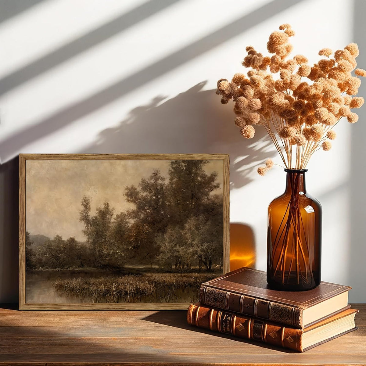 Framed Vintage Landscape Canvas Wall Art, Rustic Forest Lake Wall Decor Paintings, Retro Country Nature Pictures Prints Aesthetic Home Decor for Living Room Bedroom Office Farmhouse 8x10 inch