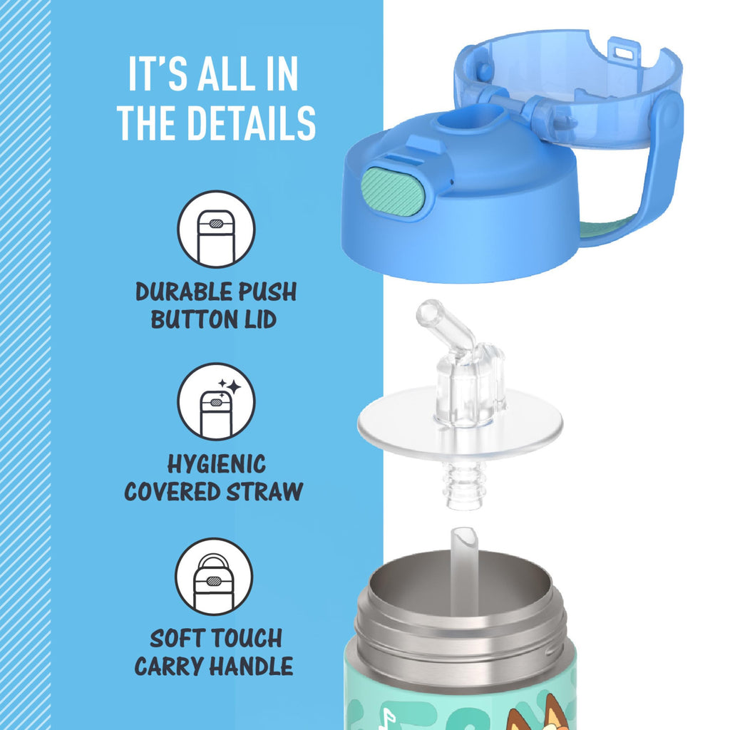 THERMOS FUNTAINER Water Bottle with Straw, 12oz, Bluey | Kids Stainless Steel Insulated Water Bottle, Keeps Drinks Cold Longer for School & Play, BPA-Free