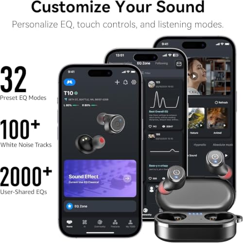 TOZO T10 Wireless Earbuds Powerful Bass Stereo Wireless Charging, APP, IPX8 | Waterproof, 55H Playtime, Ergonomic Design In Ear buds, App Customize EQ, Bluetooth 5.3 Headphones for Work, Travel, Black