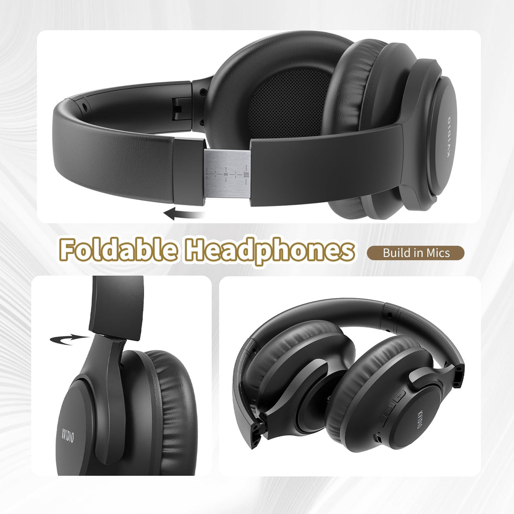 KVIDIO Bluetooth Headphones Wireless Over Ear Headsets 65H Playtime | Deep Bass, HiFi Stereo, Bluetooth 6.0, Microphone, Comfortable Fit, Foldable, Lightweight, Low Latency for Travel Home Office