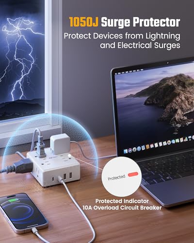 SUPERDANNY Extension Cord,Flat Plug Surge Protector Power Strip,10Ft | 8 AC & 4 USB Ports (2 USB C),Surge Protector with 1050J,Desk Charging Station for Home Office,College Dorm Room Essentials