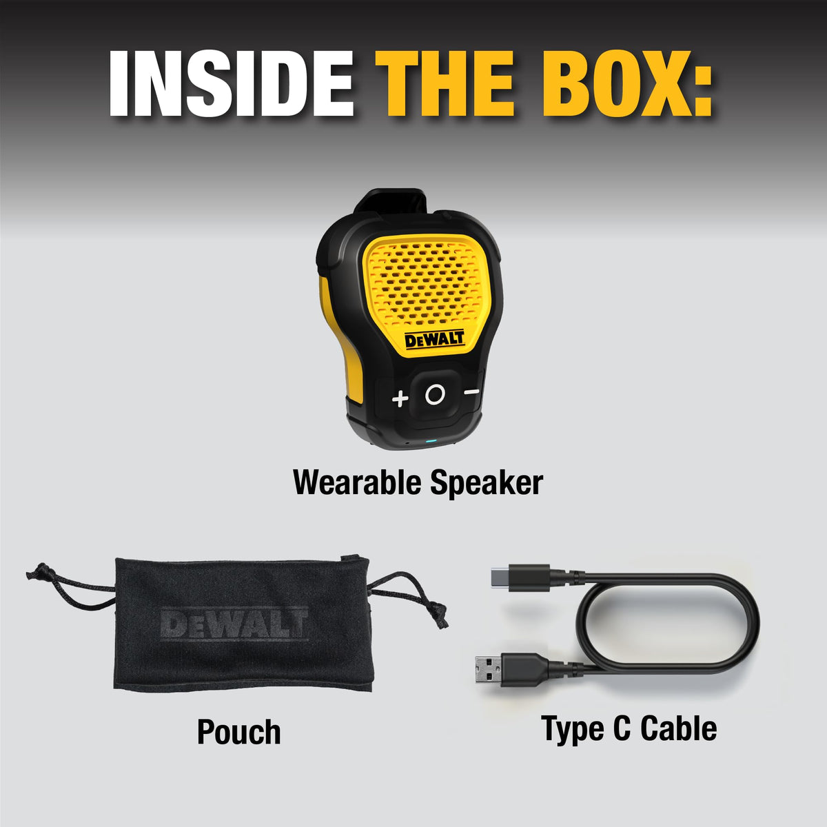 DEWALT Mini Wearable Bluetooth Speaker, Clip-On Jobsite Pro (Yellow) | Water-Resistant Portable Wireless Speaker (Non-Magnetic), Built-in Mic for Hands-Free Music/Calls, Bluetooth Speaker