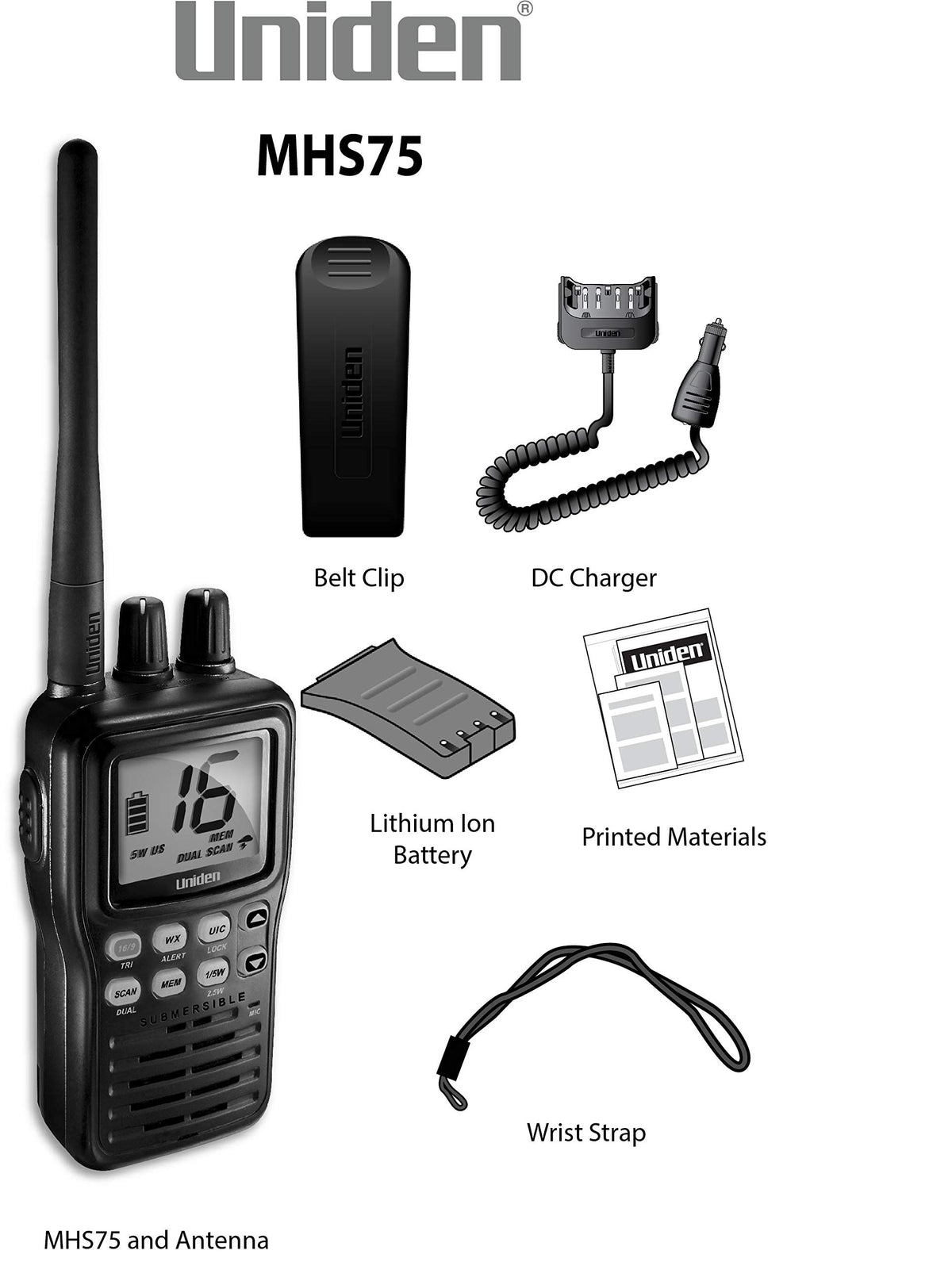 Uniden MHS75 Waterproof Handheld 2-Way VHF Marine Radio, Submersible, Selectable 1/2.5/5 Watt Transmit Power. All USA/International and Canadian Marine Channels.