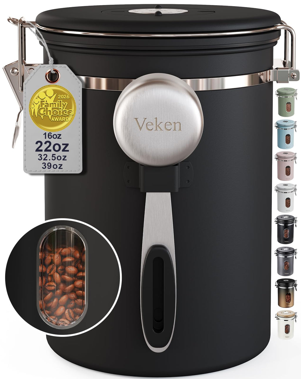 Veken Coffee Canister with Window, Airtight Stainless Steel Container, 22OZ | Kitchen Food Storage Pantry Organizers for Beans,Ground,Espresso,Rice,Tea,Sugar,Bar Accessories,Gifts,Lids,Jars, Scoop, Black