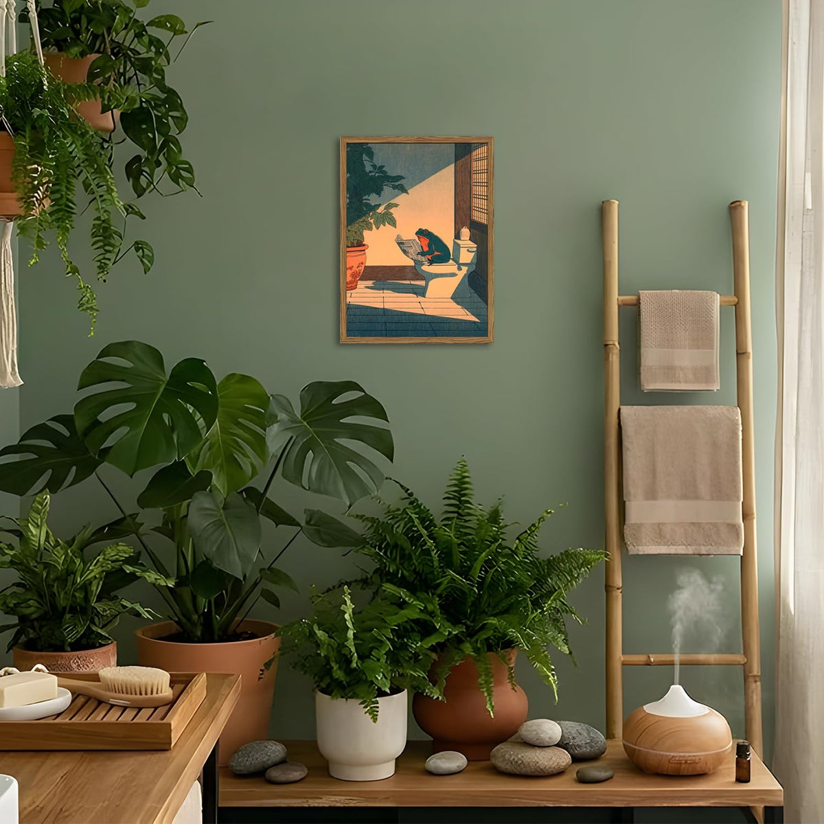 Funny Frog Bathroom Wall Art, Cute Japanese Frog in Toilet Wall Decor, Whimsical Green Animal Restroom Poster Canvas Painting Prints Artwork 12x16 inch Framed