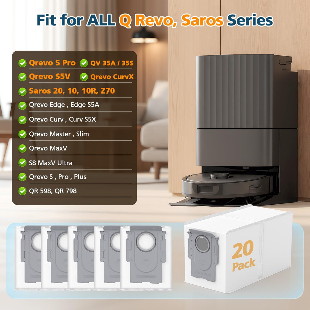 20 Pack QRevo Dust Bags for Roborock Qrevo S Pro, QV 35A, Qrevo S5V