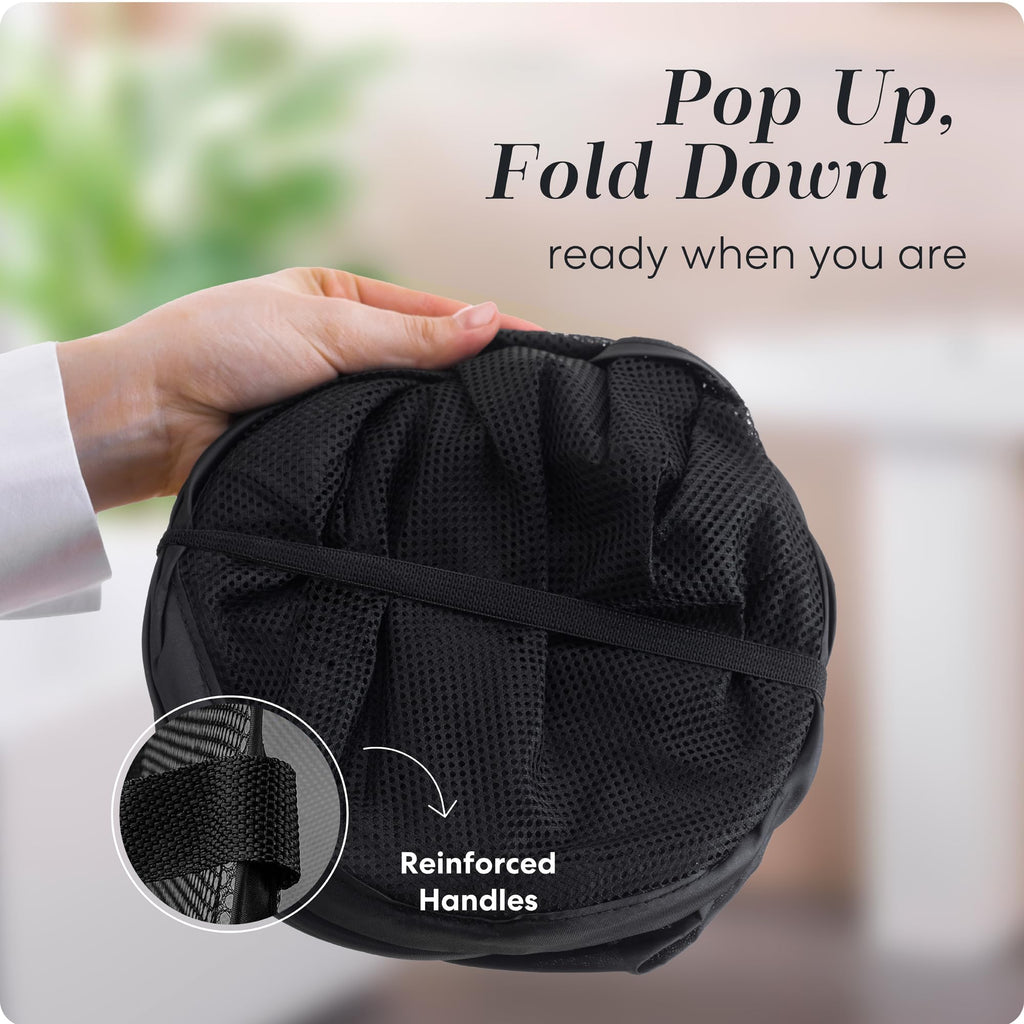 Handy Laundry Mesh Pop-Up Hamper Collapsible with Side Pocket 2-Pack | Breathable foldable design saves space; wide opening makes loading easy. Sturdy build stores clothes neatly. Black.