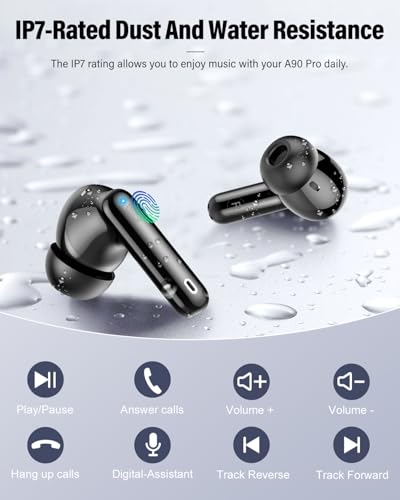 Wireless Earbuds, Bluetooth 5.4 Headphones Bass Stereo/Clear Calls, Black | Ear Buds with Noise Cancelling Mic LED Display in Ear Earphones IP7 Waterproof 36H Bluetooth Earbuds for Phones/Sport/Laptop
