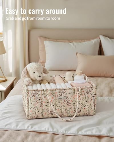 Blissful Diary Floral Diaper Caddy Organizer Storage Basket, Pastoral Daisy | Portable Storage Basket with Removable Dividers, Gift for Baby Shower, Newborn Boy & Girl Essentials, Baby Registry Must Have