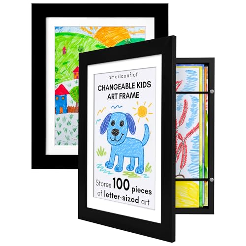 Americanflat 8.5x11 Changeable Kids Art Frame 2-Pack - Black | Holds 100 art pieces, magnetic front door, built-in keyholes for wall display, stores finished artwork