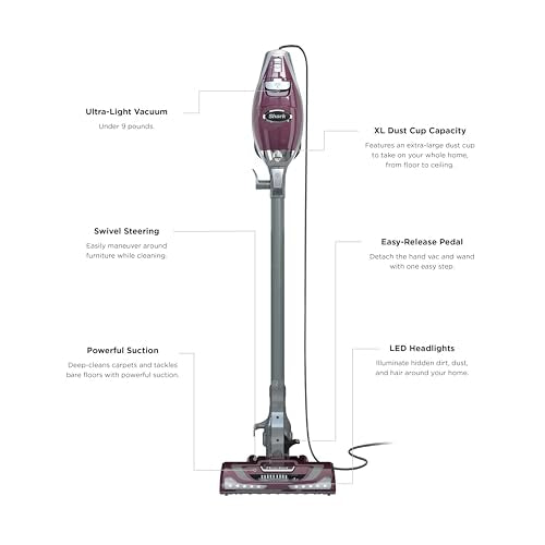 Shark Rocket Pet Plus Corded Stick Vacuum, Lightweight, Bordeaux, HV322 | Carpet, Area Rug & Hard Floor Cleaning, Handheld Vacuum for Pet Hair, XL Dust Cup, LED Headlights, Crevice & Upholstery Tool​