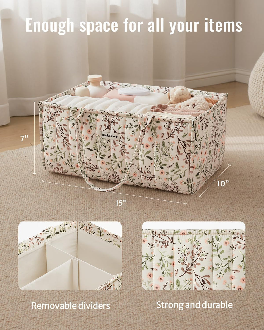 Blissful Diary Floral Diaper Caddy Organizer Storage Basket, Pastoral Daisy | Portable Storage Basket with Removable Dividers, Gift for Baby Shower, Newborn Boy & Girl Essentials, Baby Registry Must Have