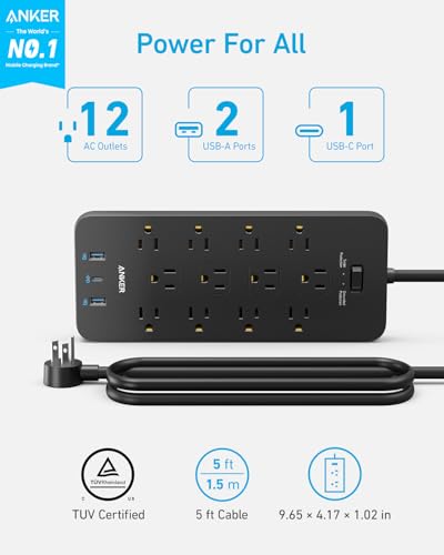 Anker Power Strip with 2100J Surge Protector, Outlet Extender, 20W, 12 AC | 5ft Extension Cord with Multiple Outlets, 1 USB C, 2 USB A, Home Office, Dorm Room Essentials, TUV Listed