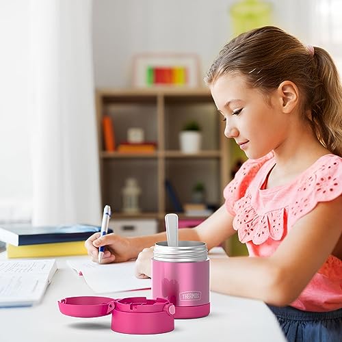 THERMOS FUNTAINER Kids Food Jar with Spoon, 10oz, Pink | Kid-Friendly Stainless Steel Insulated Food Container, Keeps Food Hot or Cold Longer for School & Play, BPA Free