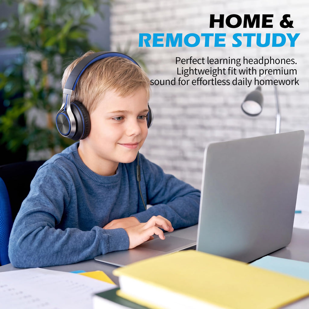 AILIHEN C8 Kids Wired Headphones with Mic for School, 3.5mm Jack, BlackBlue | On Ear Headsets and Volume Control Foldable, Corded Computer Chromebook for Children Teens Classroom Online Learning Travel
