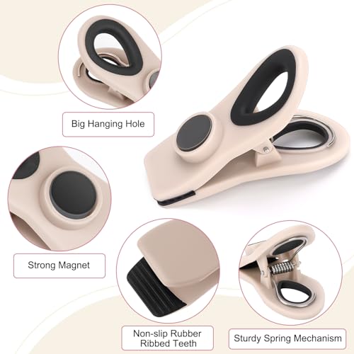TACGEA Chip Clips, Magnetic Bag Clips for Food Storage, 12 Pack, Neutral | Heavy Duty Clips with Airtight Seal, Strong Spring, for Food, Snack, Fridge, Office
