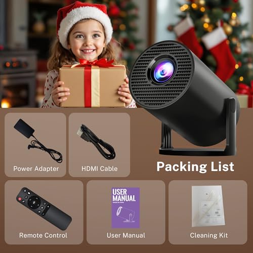 [Built-in Apps] Mini Projector 4K Supported, Android TV OS & Phone Remote | Projector with WiFi 6 & Bluetooth 5.4, Short Throw, Auto Keystone and 180° Rotation for Bedroom, Home Cinema and Outdoor Use