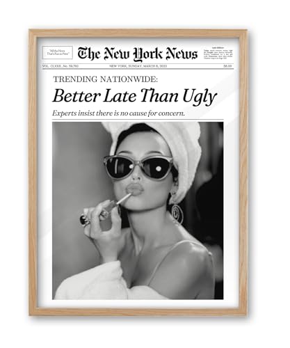 iHery 12x16in Audrey Hepburn Better Late Than Ugly Framed Bathroom Art | Natural OAK Wood Frame with Canvas Print, Vintage Fashion Wall Decor for Bathroom, Bedroom, Apartment and Girl Dorm, 1Pack