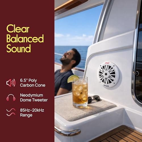 Pyle 6.5 Inch Dual Marine Speakers - 2 Way Water Resistant Outdoor Audio Stereo Sound System with 200 Watt Peak Power, Poly Carbon Cone and Butyl Rubber Surround - 1 Pair (White)