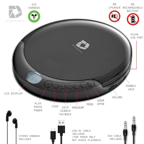 Deluxe Products CD Player Portable with 60 Second Anti Skip, Stereo Earbuds, Includes Aux in Cable and AC USB Power Cable for use at Home or in Car