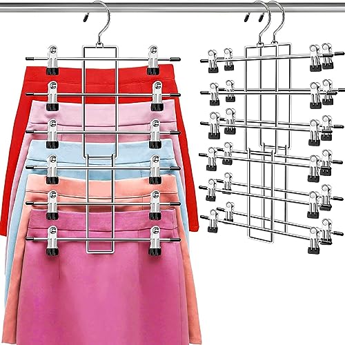 Pants Hangers with Clips,Space Saving Hanging Closet Organizer-6 Tiers Skirt Hangers with 360° Swivel Hook,Closet Organizer-Clothes Hangers- College Dorm Essentials Apartment Essentials-2 Pack