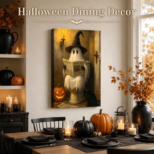 Framed Halloween Ghost Bathroom Canvas Wall Art 8x12 In, Funny Spooky Toilet Scene Canvas Prints Artwork, Dark Halloween Wall Decor Pictures for Office Home Decoration