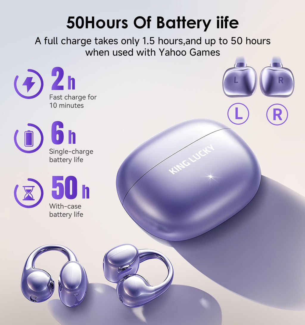 Kinglucky Clip-On Earbuds Gen 3, Open-Ear Wireless Bluetooth 6.0 Headphones with Mic, Secure Fit for Small Ears & Glasses Wearers, 50H Playtime, ENC, IPX5 Waterproof Sport Ear Buds (Purple)