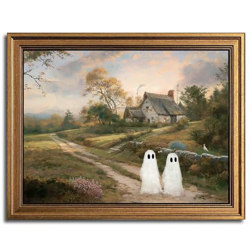 Wemandh Framed Halloween Decorations Fall Decor Wall Art, Rustic Landscape Wall Decor, Cute Ghost Decor Wall Art, Aesthetic Halloween Wall Decor (9.5''x12'')