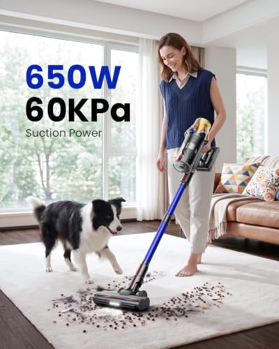 Cordless Vacuum Cleaner, Upgraded 650W 60KPA 70Mins Cordless Stick Vacuum Cleaner with Flexible Hose,Self-Standing,Touch Screen, Anti-tangle Wireless Vacuum Cleaners for Home/Pet Hair/Carpets/Floors