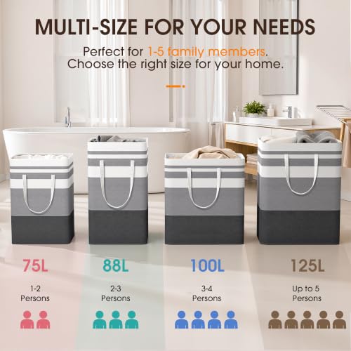 HomeHacks 2 Pack Large Laundry Baskets, Laundry Hampers Bags (Grey 75Lx2) | Waterproof, Freestanding, Collapsible Clothes Hamper with Reinforced Handles in Laundry Room, Dorm, Bathroom, Bedroom