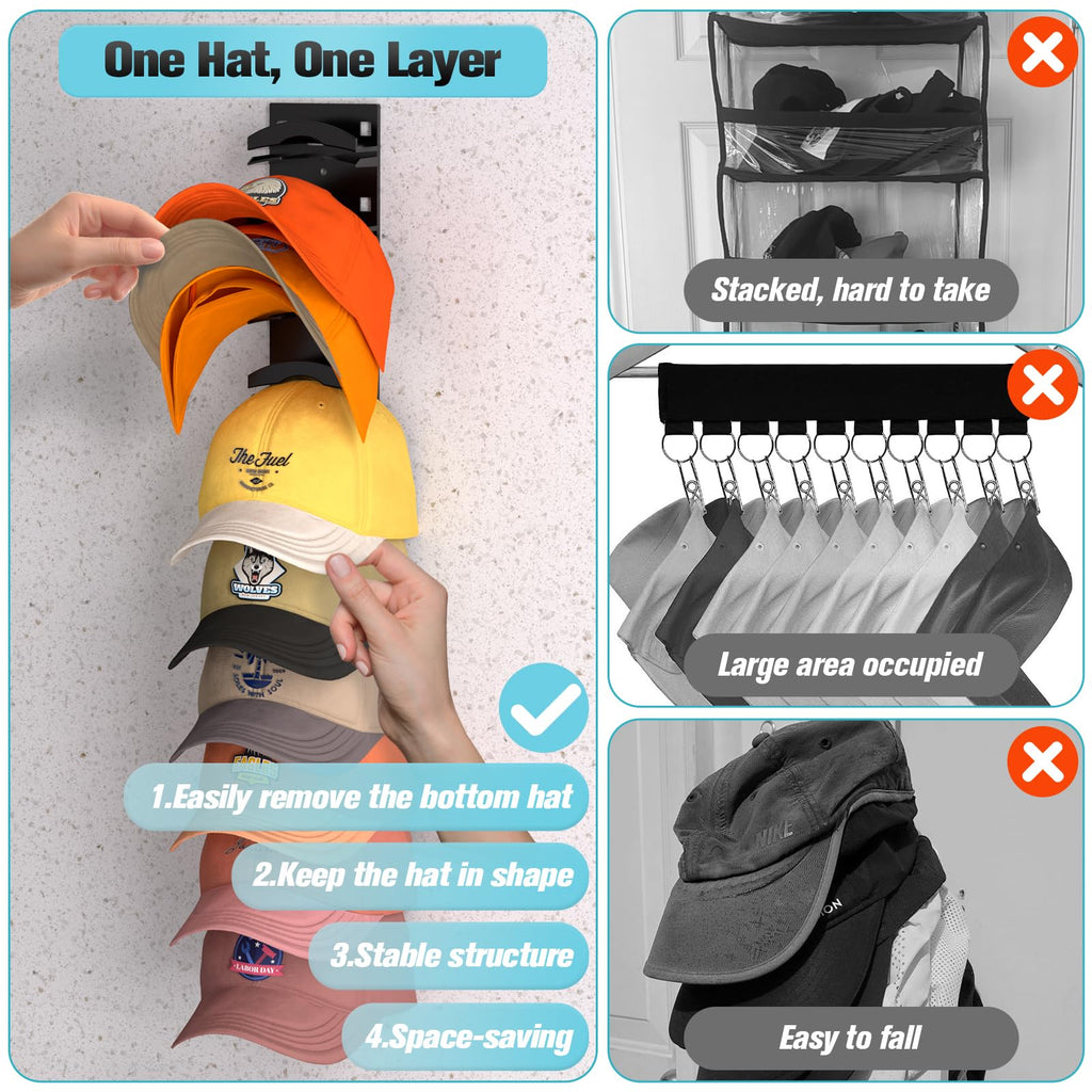 Hat Organizer for Baseball Cap 2Pack, Hold up to 20 Hat Adhensive for Wall | Hat Rack Hanger Display for Door Closet, Cap Organizer Storage Multilayer Adhesive or Screw Mount, Space-Saving Design-Black