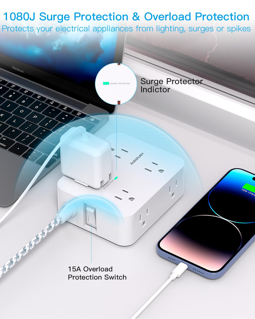 HANYCONY Surge Protector Power Strip, 1080J, 5 Ft Braided Extension Cord | 8 Outlets 4 USB Ports(2 USB C), Outlet Extender, Flat Plug, Wall Mount, Desk Charging Station, Home Office, Dorm Room ETL